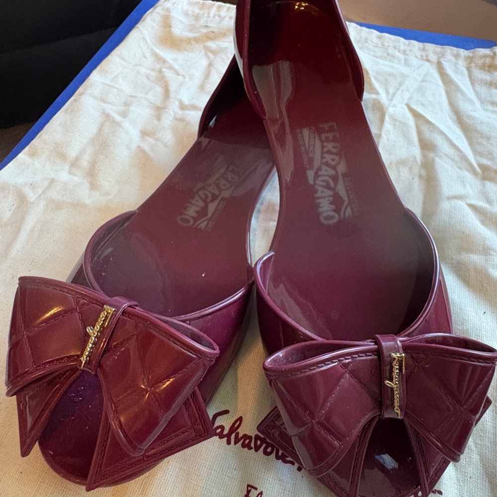 Salvatore Ferragamo Burgundy Patent Leather Bow Flats